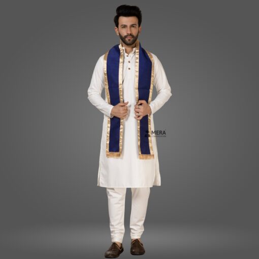 ''White Kurta Pajama and Navy Blue Cotton Sash with Golden Border''>