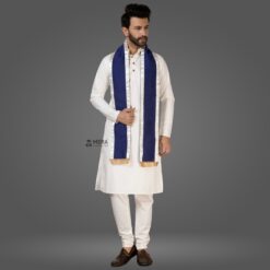 ''White Kurta Pajama and Navy Blue Cotton Sash with White Border''>