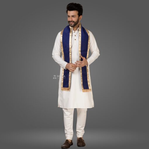 ''White Kurta Pajama and Navy Blue Cotton Stole with Golden Border''>