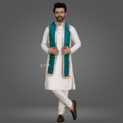 ''White Kurta Pajama and Peacock Green Cotton Stole with Golden Border''>