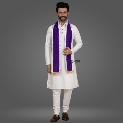 ''White Kurta Pajama and Purple Cotton Sash with White Border''>