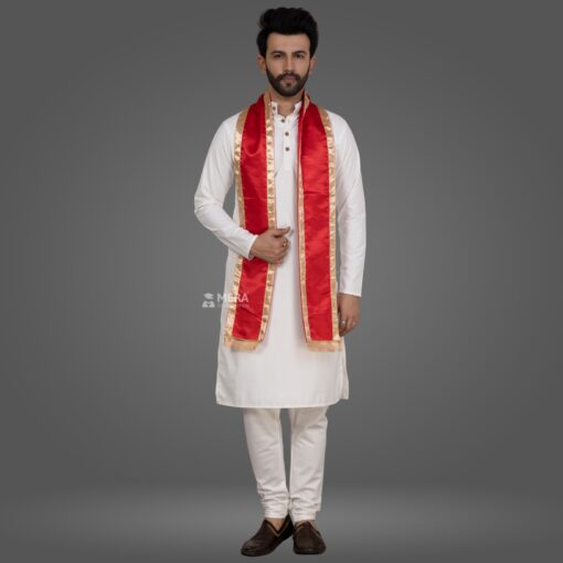 ''White Kurta Pajama and Red Cotton Sash with Golden Border''>