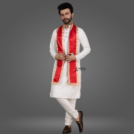 ''White Kurta Pajama and Red Cotton Stole with Golden Border''>