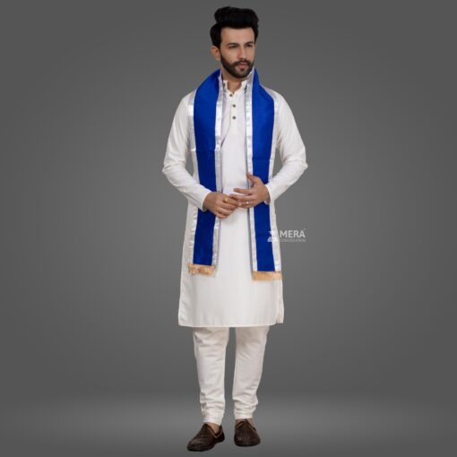 ''White Kurta Pajama and Royal Blue Cotton Sash with White Border''>