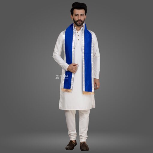 ''White Kurta Pajama and Royal Blue Cotton Stole with White Border''>