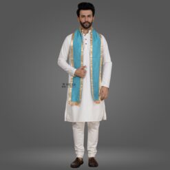 ''White Kurta Pajama and Sea Blue Cotton Stole with Golden Border''>