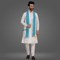 ''White Kurta Pajama and Sea Blue Cotton Stole with White Border''>