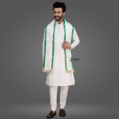 ''White Kurta Pajama and White Cotton Sash with Green Border''>
