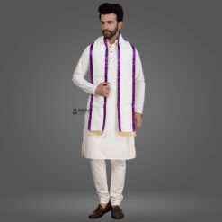 ''White Kurta Pajama and White Cotton Sash with Purple Border''>