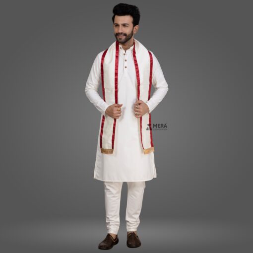 ''White Kurta Pajama and White Cotton Sash with Red Border''>