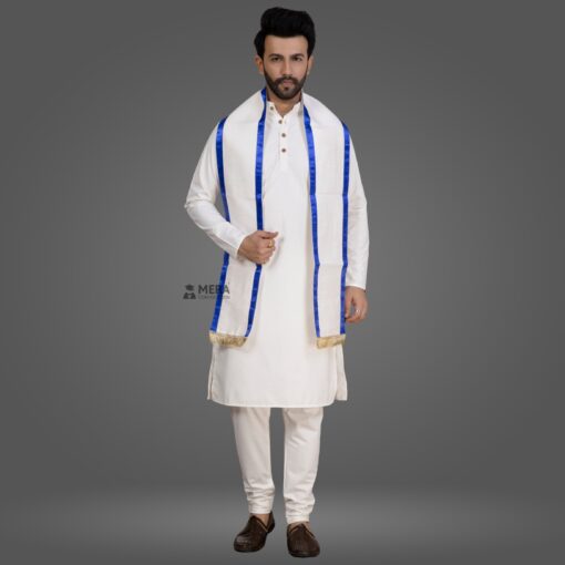 ''White Kurta Pajama and White Cotton Sash with Royal Blue Border''>