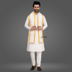 ''White Kurta Pajama and White Cotton Sash with Yellow Border''>