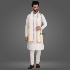 ''White Kurta Pajama and White Cotton Stole with Golden Border''>