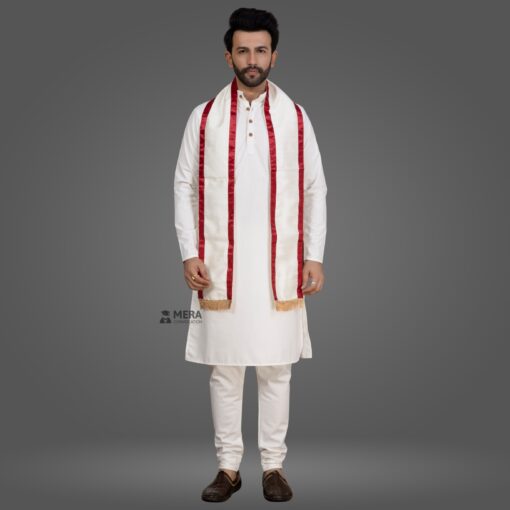 ''White Kurta Pajama and White Cotton Stole with Red Border''>