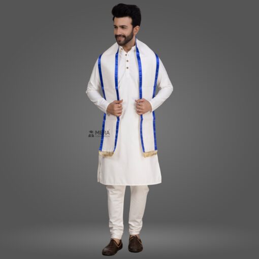 ''White Kurta Pajama and White Cotton Stole with Royal Blue Border''>