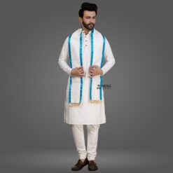 ''White Kurta Pajama and White Cotton Stole with Sky Blue Border''>