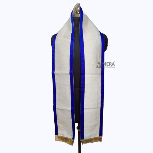 ''White Traditional Cotton Convocation Stole with Royal Blue Border''>