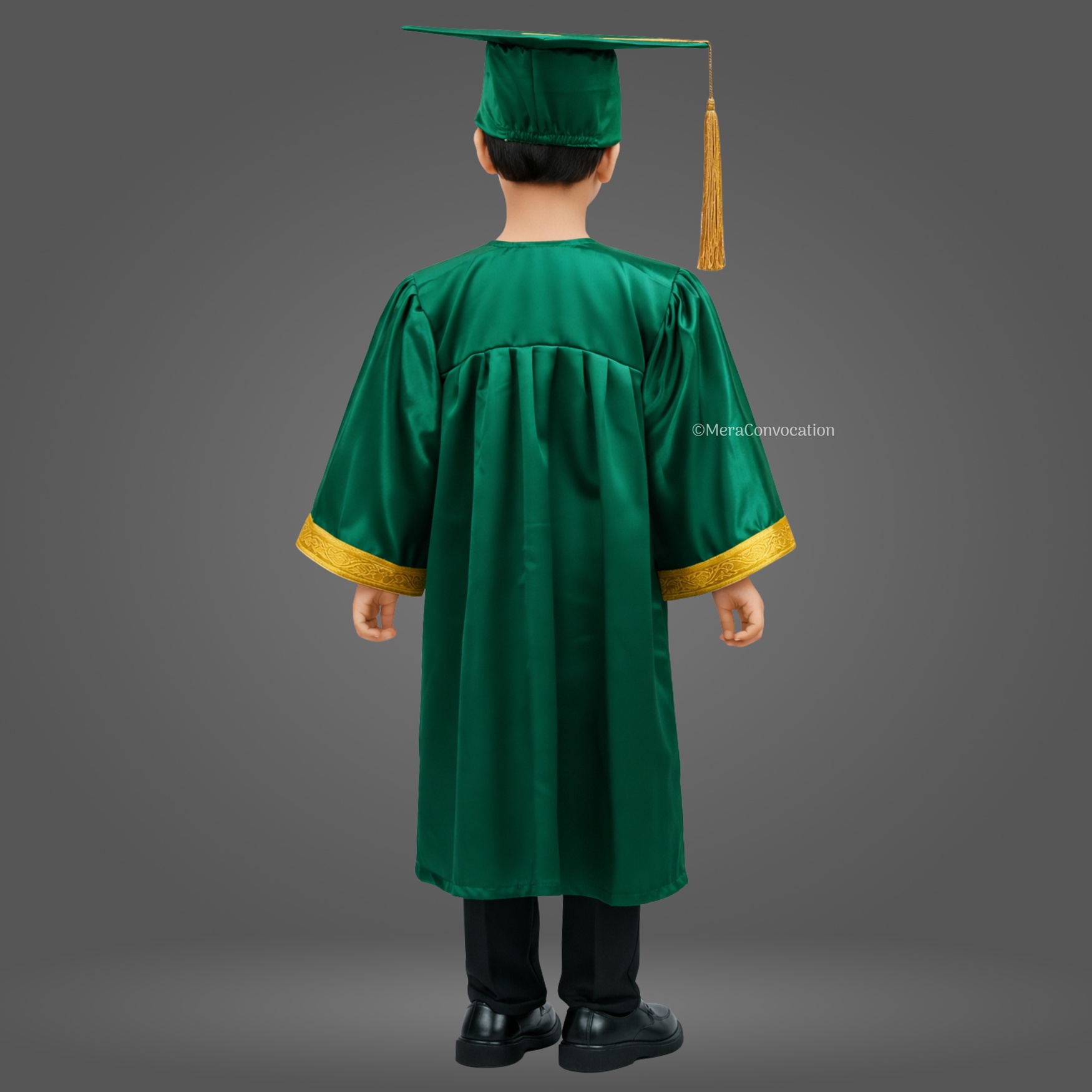 Back View of Bottle Green Shiny Kids Graduation Gown with Golden Border ''Back View of Bottle Green Shiny Kids Graduation Gown with Golden Border''>