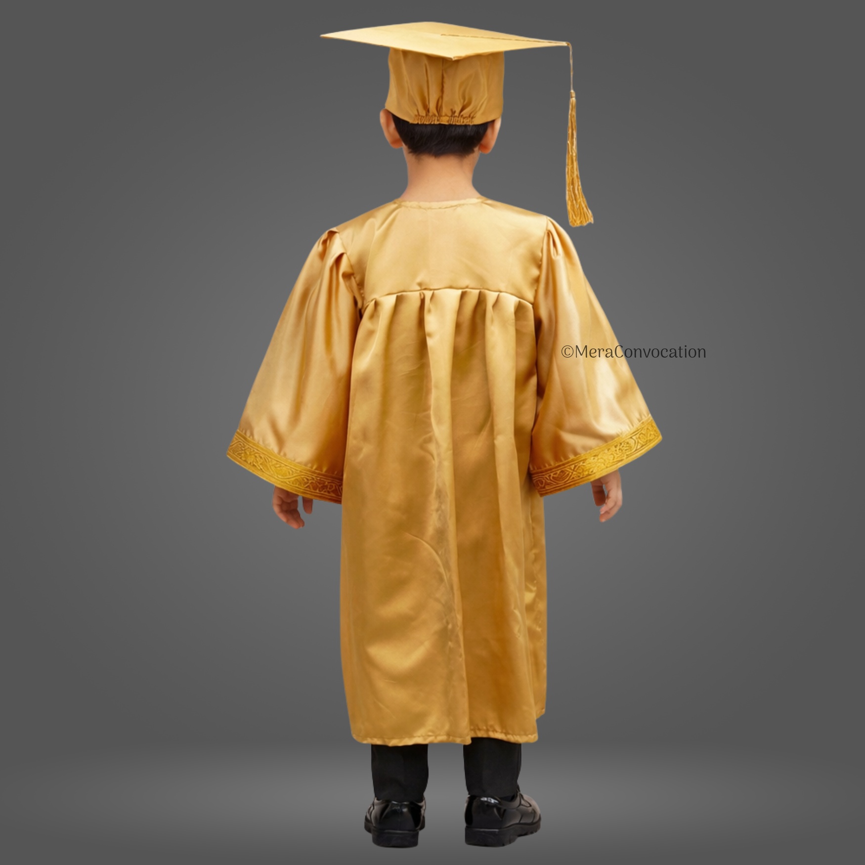 Back View of Golden Shiny Kids Graduation Gown with Golden Border ''Back View of Golden Shiny Kids Graduation Gown with Golden Border''>