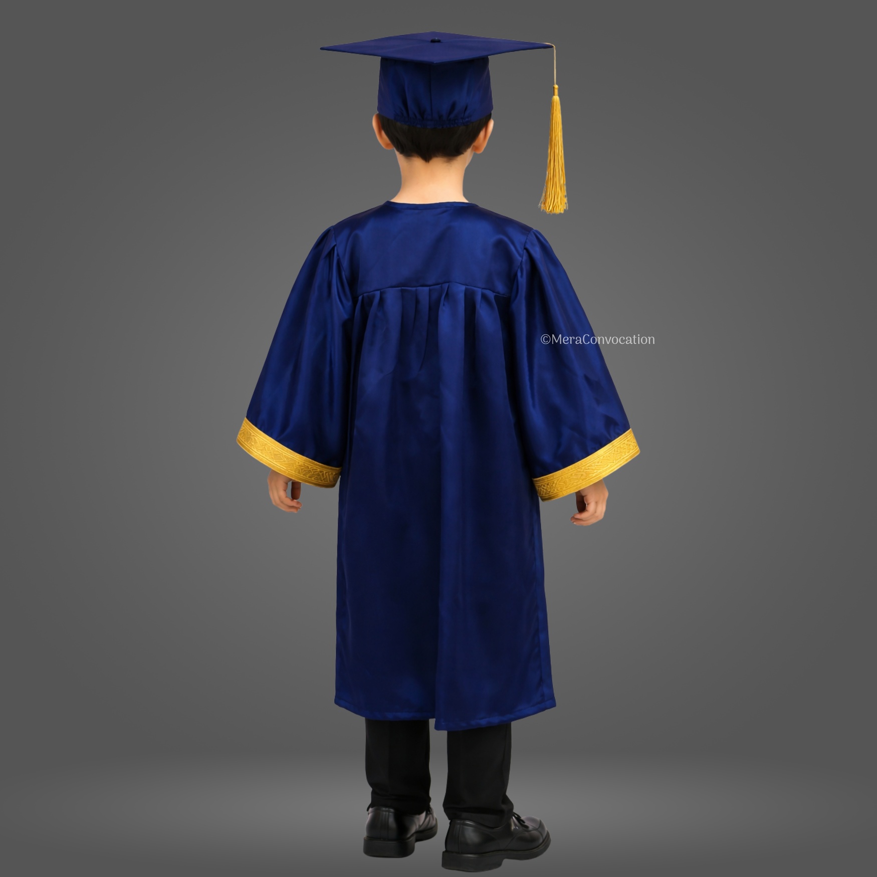 Back View of Navy Blue Shiny Kids Graduation Gown with Golden Border