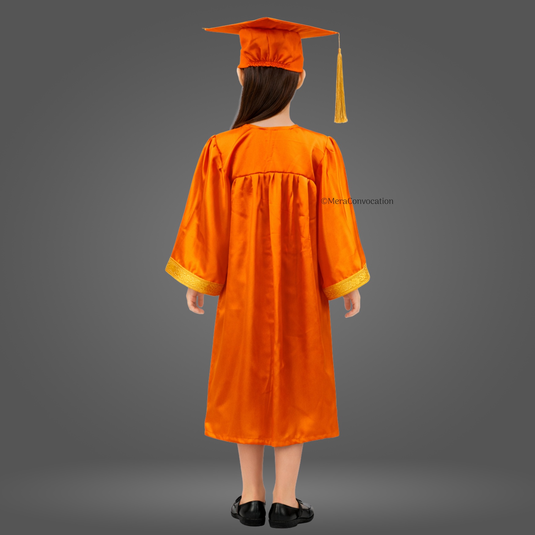 Back View of Orange Shiny Kids Convocation Gown with Golden Border ''Back View of Orange Shiny Kids Convocation Gown with Golden Border''>