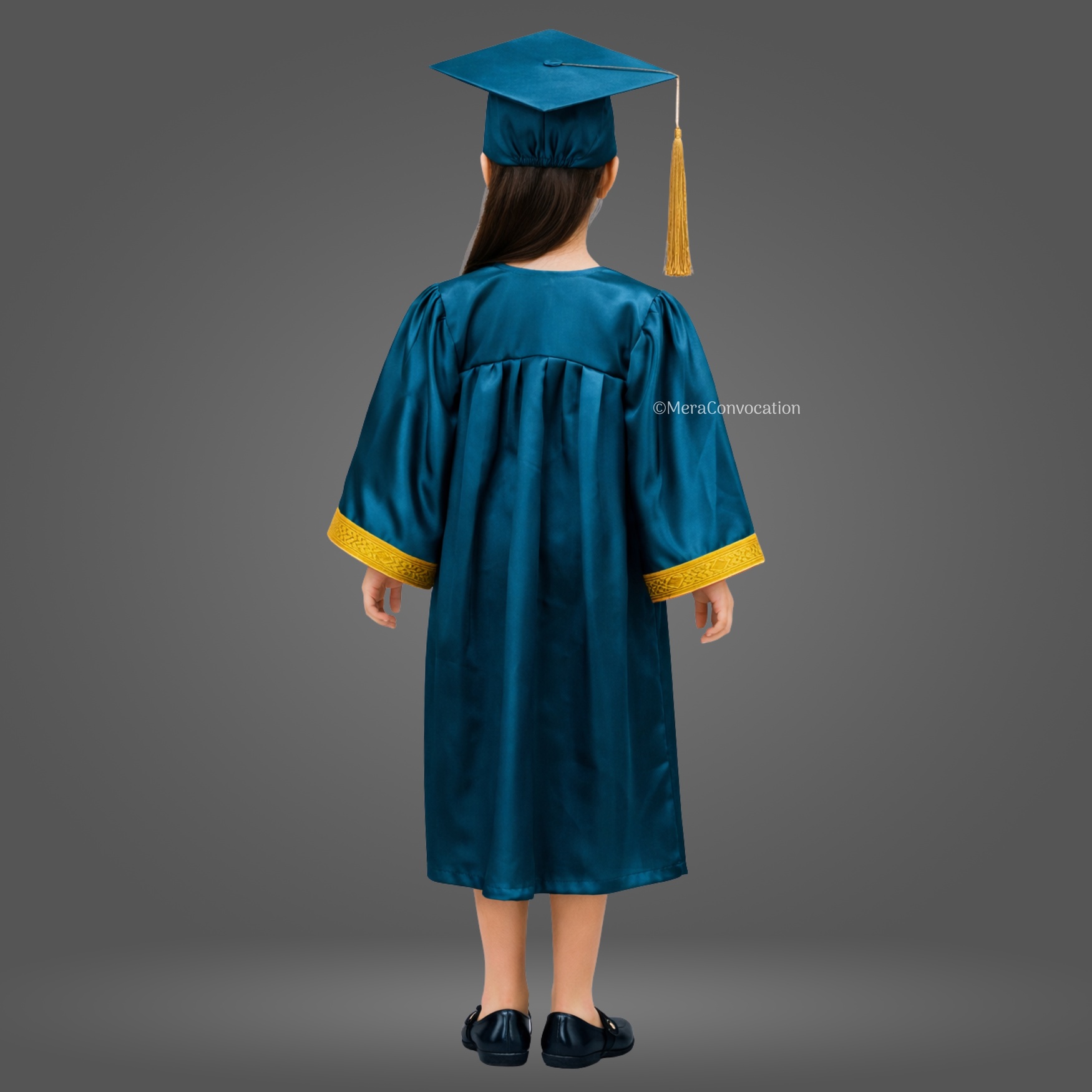 Back View of Peacock Green Shiny Kids Convocation Gown with Golden Border ''Back View of Peacock Green Shiny Kids Convocation Gown with Golden Border''>