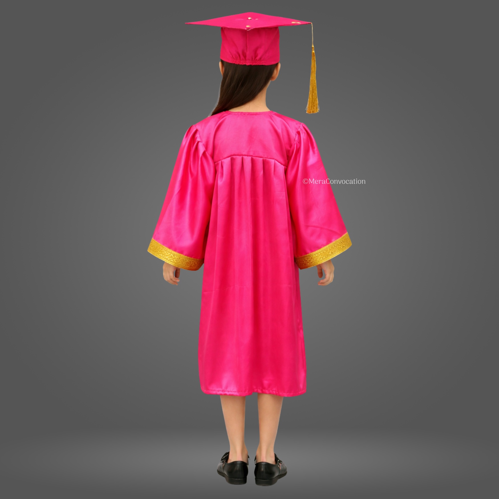 Back View of Pink Shiny Kids Convocation Gown with Golden Border