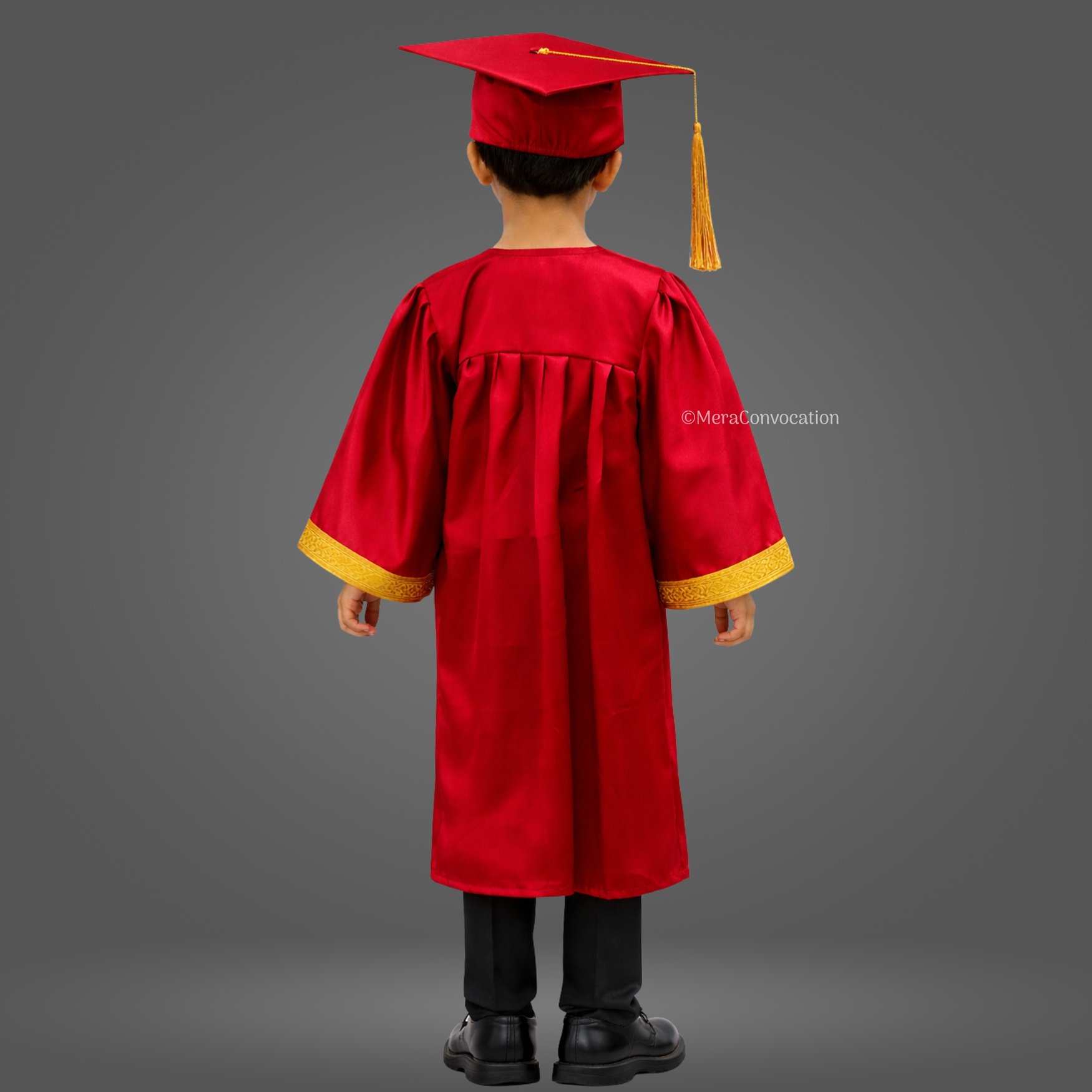 Back View of Red Shiny Kids Graduation Gown with Golden Border ''Back View of Red Shiny Kids Graduation Gown with Golden Border''>