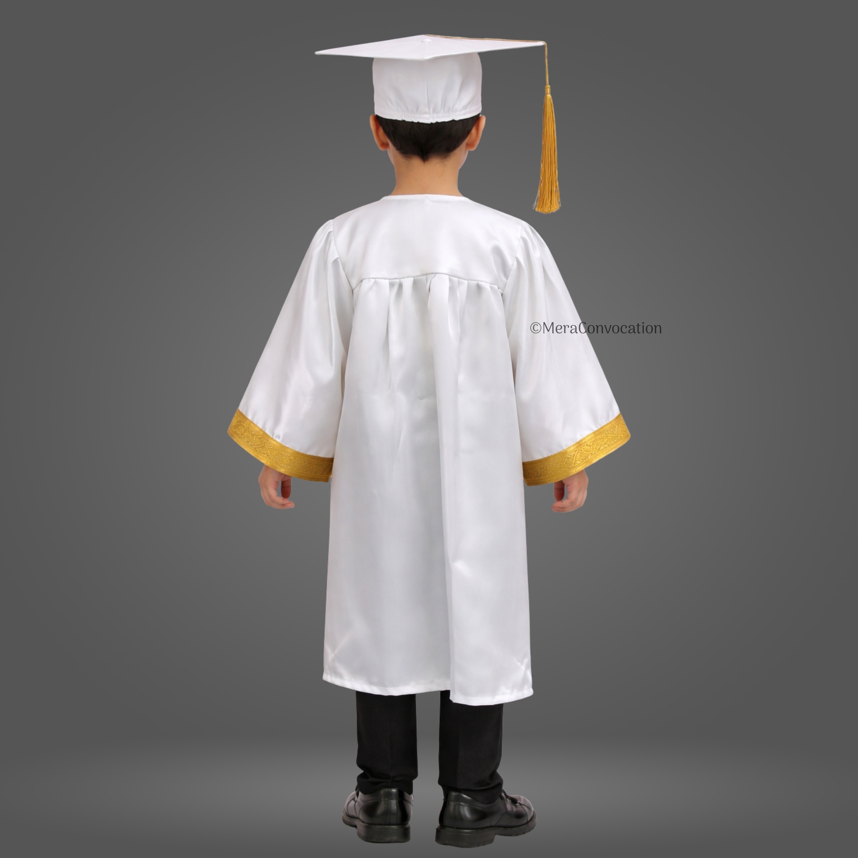 Back View of White Shiny Kids Graduation Gown with Golden Border