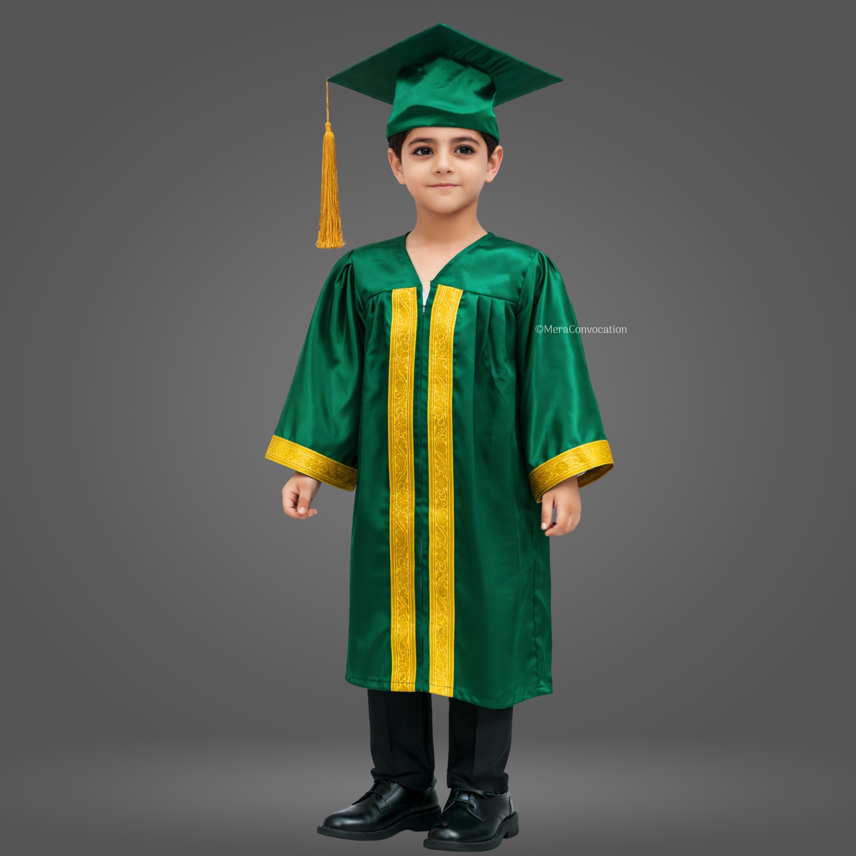 Boy - Bottle Green Shiny Kids Graduation Gown with Golden Border and Cap ''Boy - Bottle Green Shiny Kids Graduation Gown with Golden Border and Cap''>