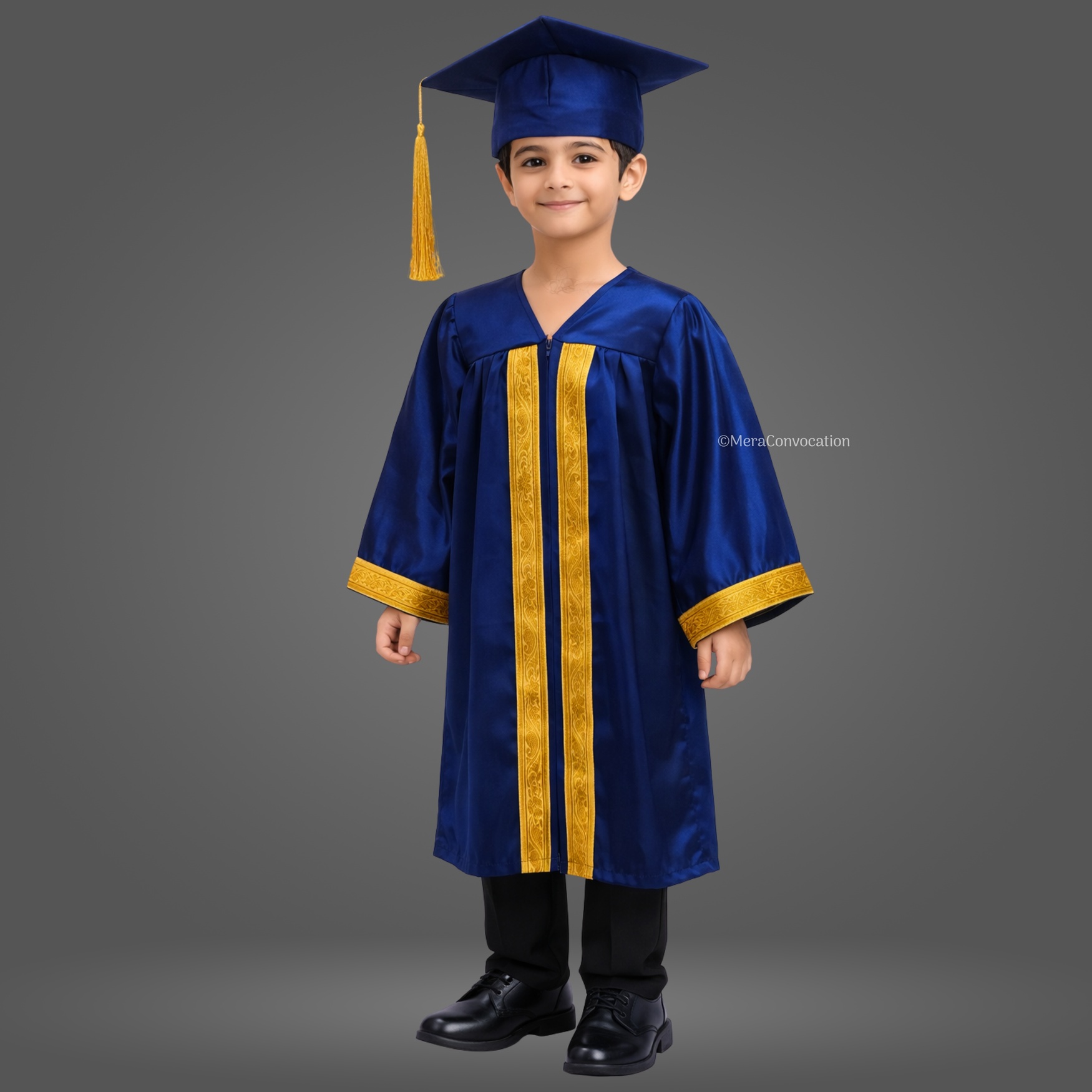 Boy - Navy Blue Shiny Kids Graduation Gown with Golden Border and Cap ''Boy - Navy Blue Shiny Kids Graduation Gown with Golden Border and Cap''>