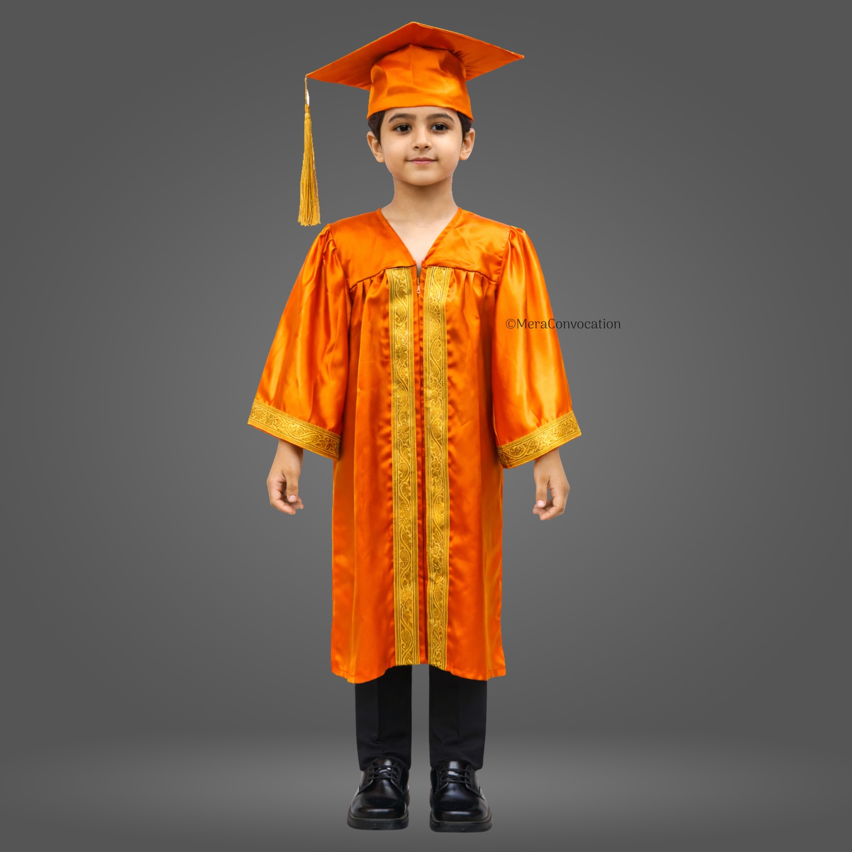Boy - Orange Shiny Kids Graduation Gown with Golden Border and Cap ''Boy - Orange Shiny Kids Graduation Gown with Golden Border and Cap''>