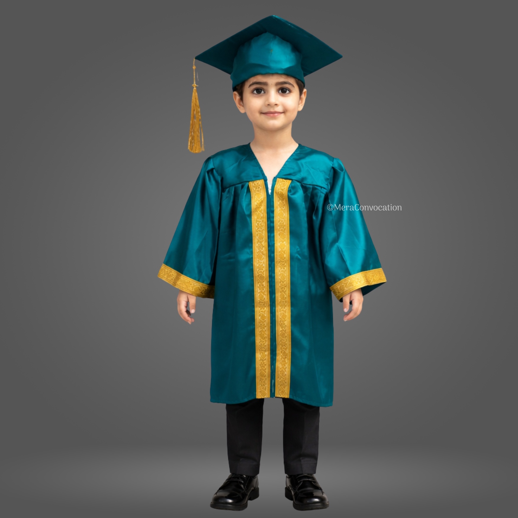 Boy - Peacock Green Shiny Kids Graduation Gown with Golden Border and Cap ''Boy - Peacock Green Shiny Kids Graduation Gown with Golden Border and Cap''>