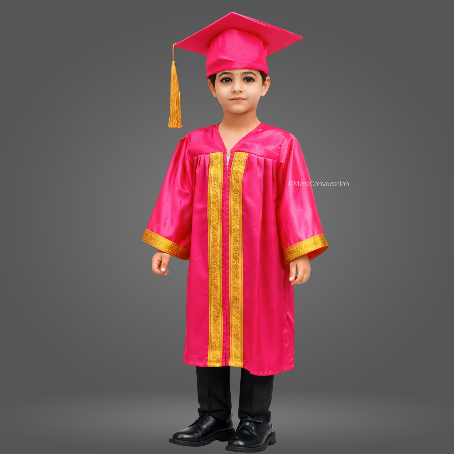 Boy - Pink Shiny Kids Graduation Gown with Golden Border and Cap ''Boy - Pink Shiny Kids Graduation Gown with Golden Border and Cap''>