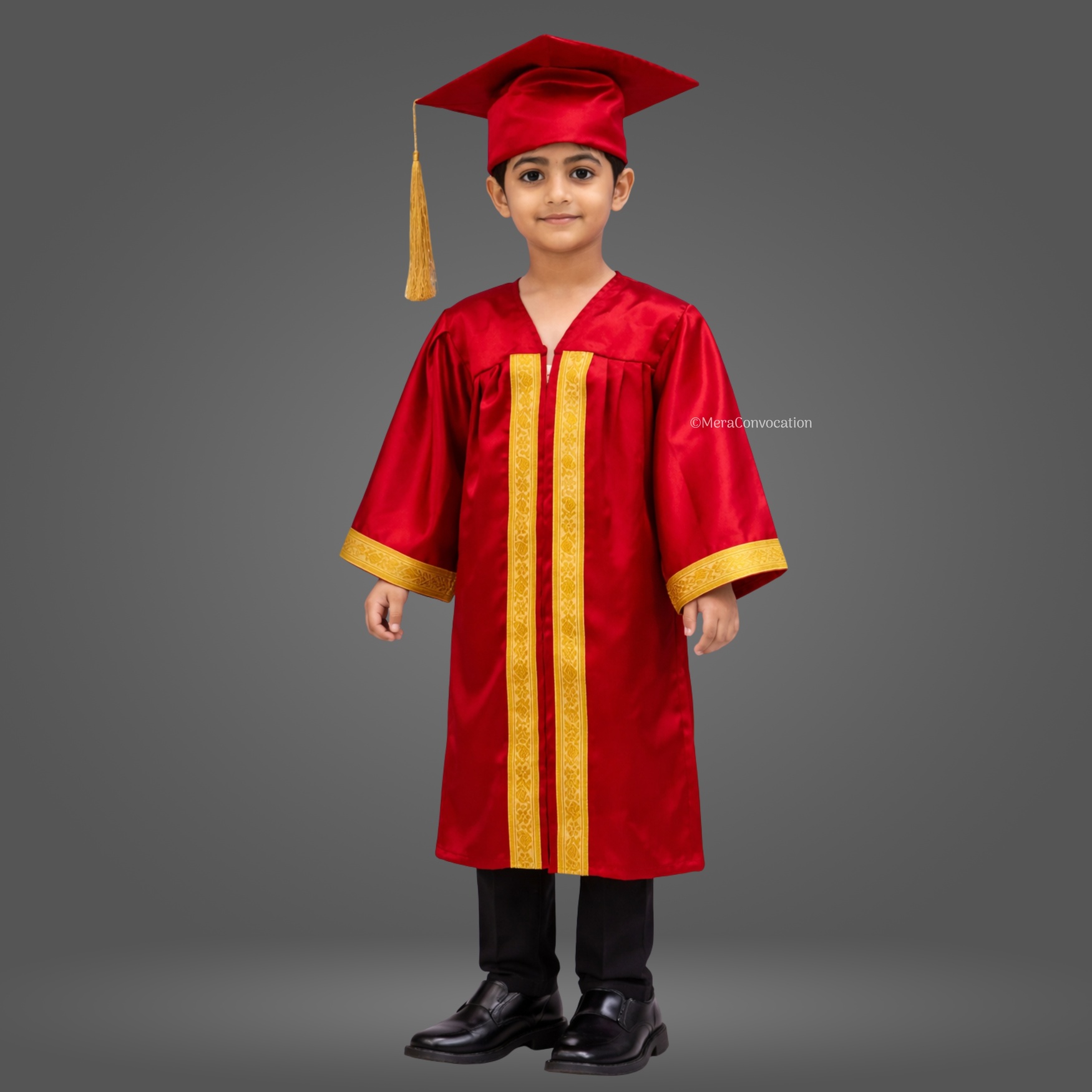 Boy - Red Shiny Kids Graduation Gown with Golden Border and Cap
