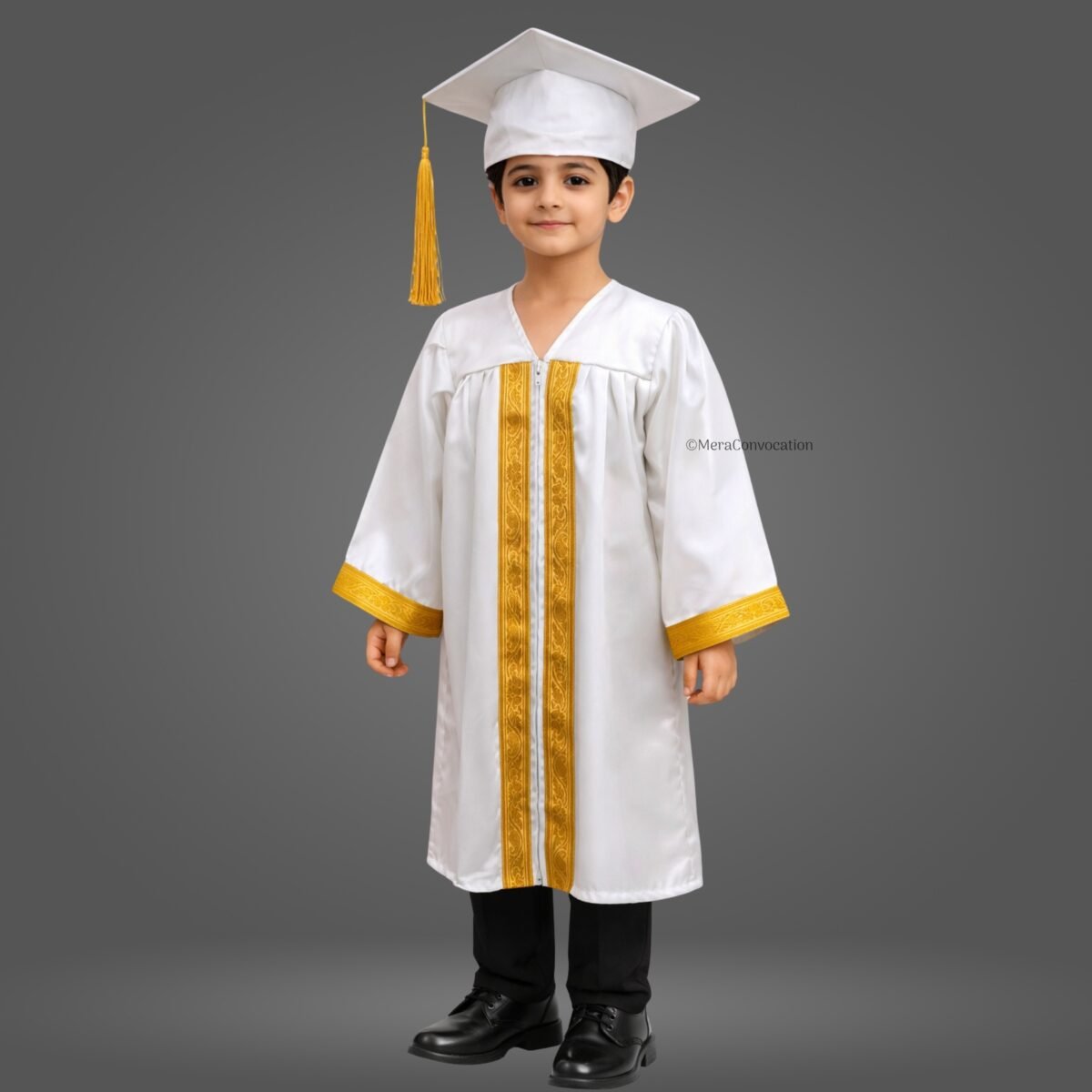 White Shiny Kids Graduation Gown with Golden Border and Cap – Mera ...