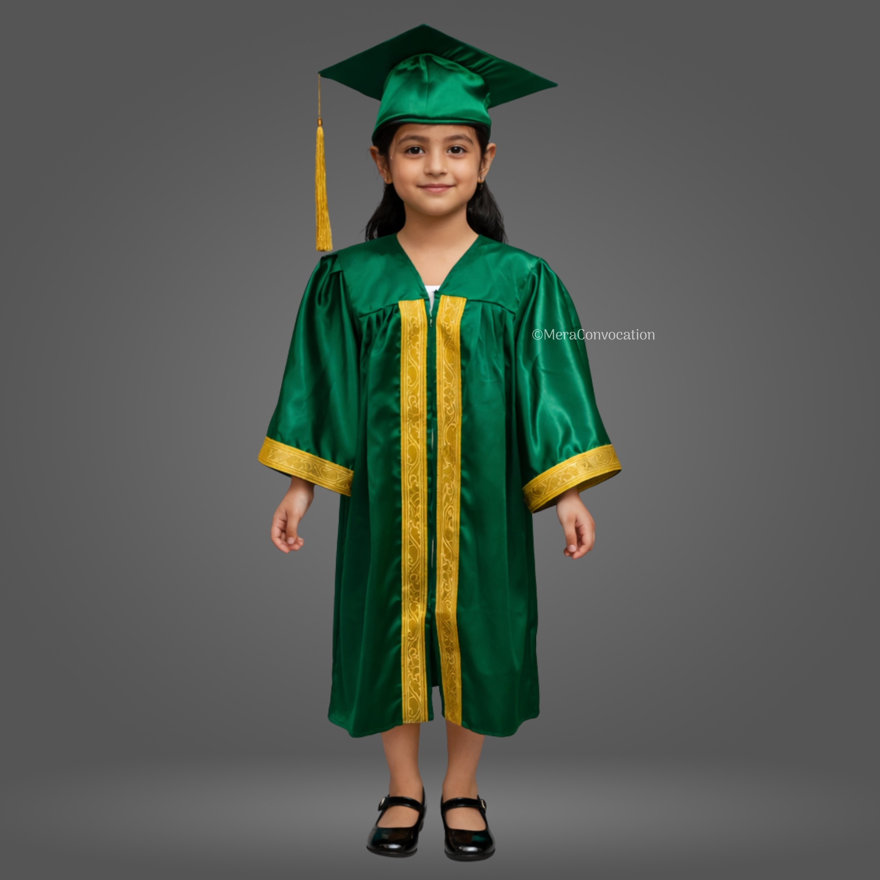 Girl - Bottle Green Shiny Kids Graduation Gown with Golden Border and Cap ''Girl - Bottle Green Shiny Kids Graduation Gown with Golden Border and Cap''>
