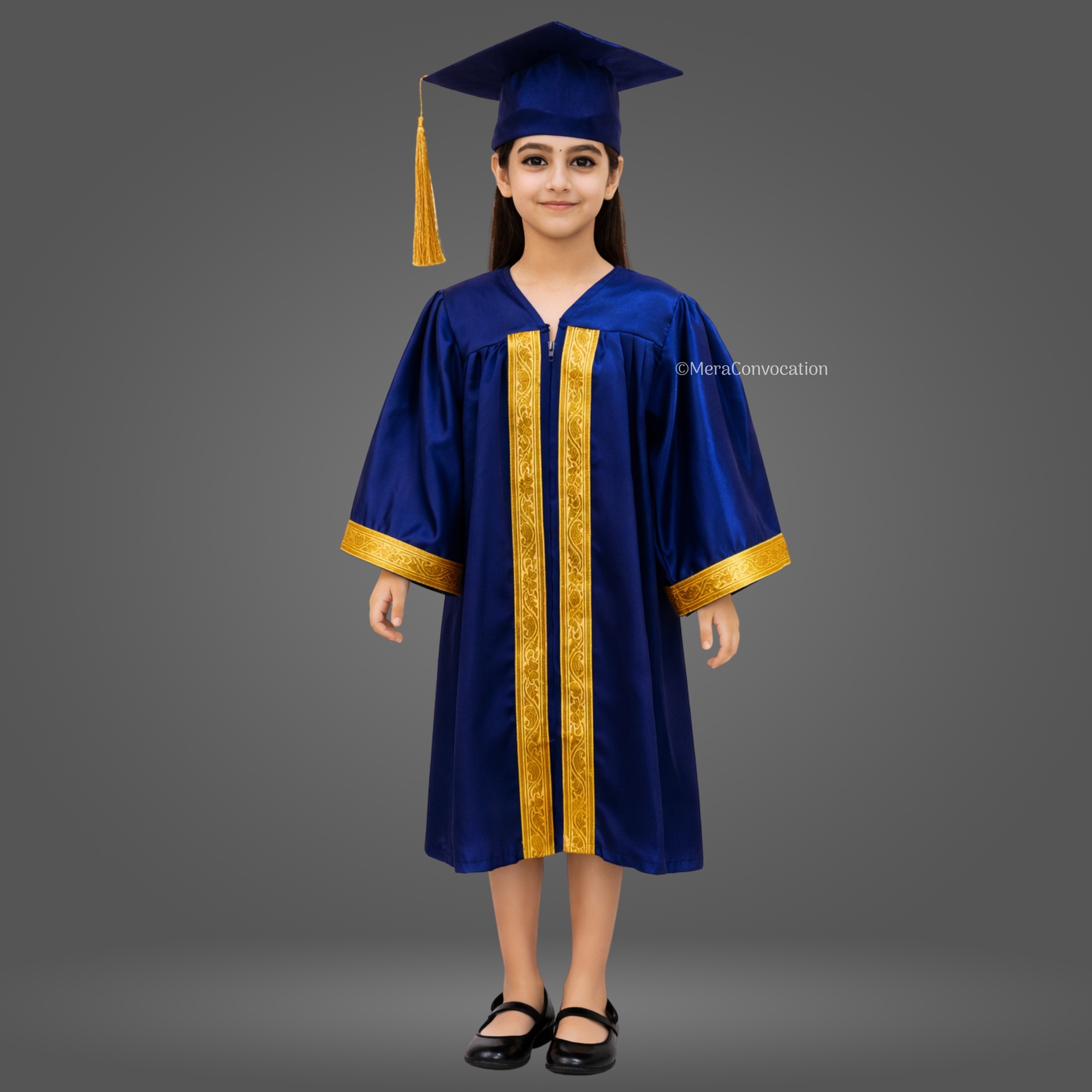 Girl - Navy Blue Shiny Kids Graduation Gown with Golden Border and Cap ''Girl - Navy Blue Shiny Kids Graduation Gown with Golden Border and Cap''>