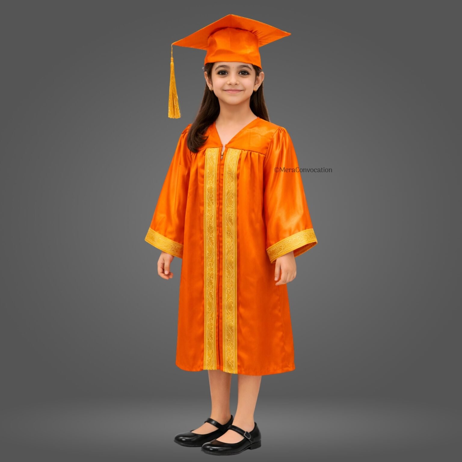 Orange Shiny Kids Graduation Gown with Golden Border and Cap – Mera ...