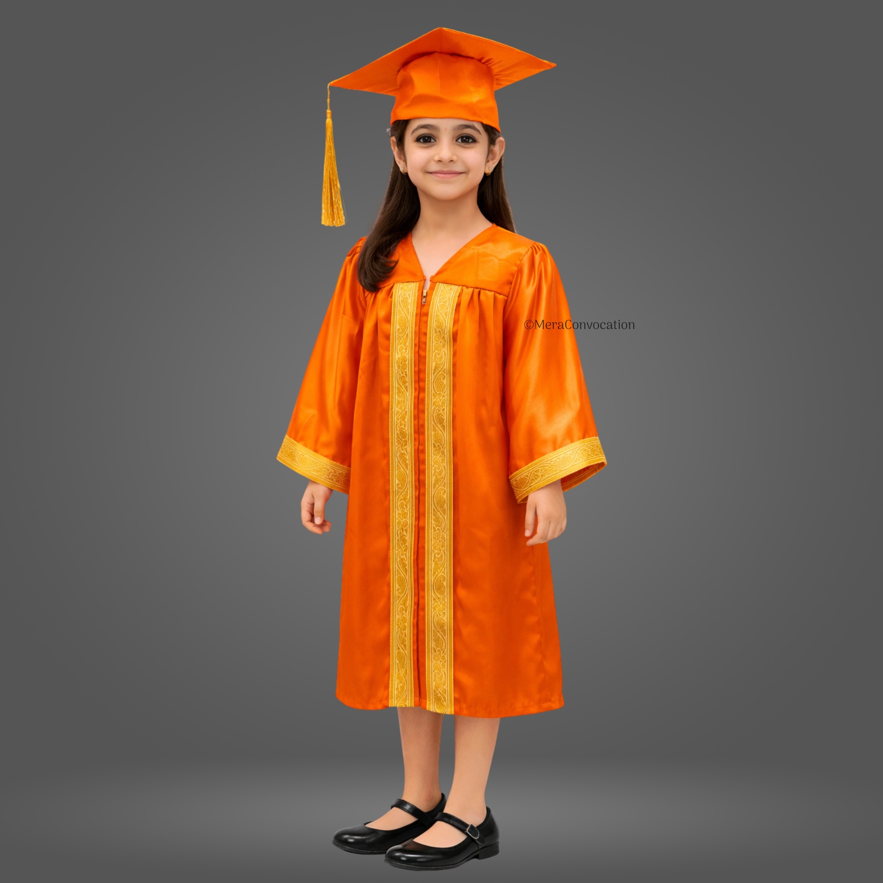 Girl - Orange Shiny Kids Graduation Gown with Golden Border and Cap