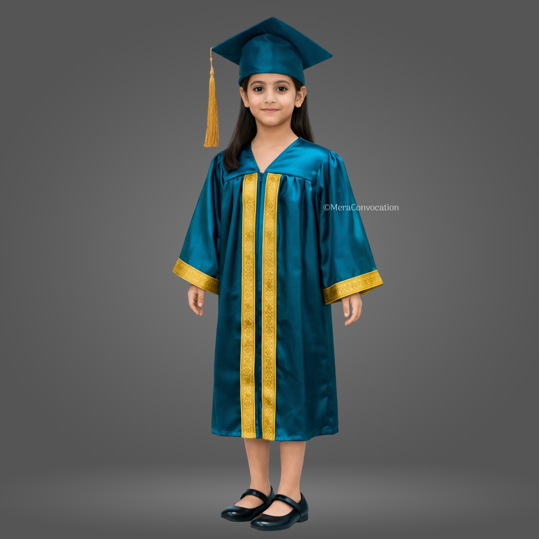 Girl - Peacock Green Shiny Kids Graduation Gown with Golden Border and Cap