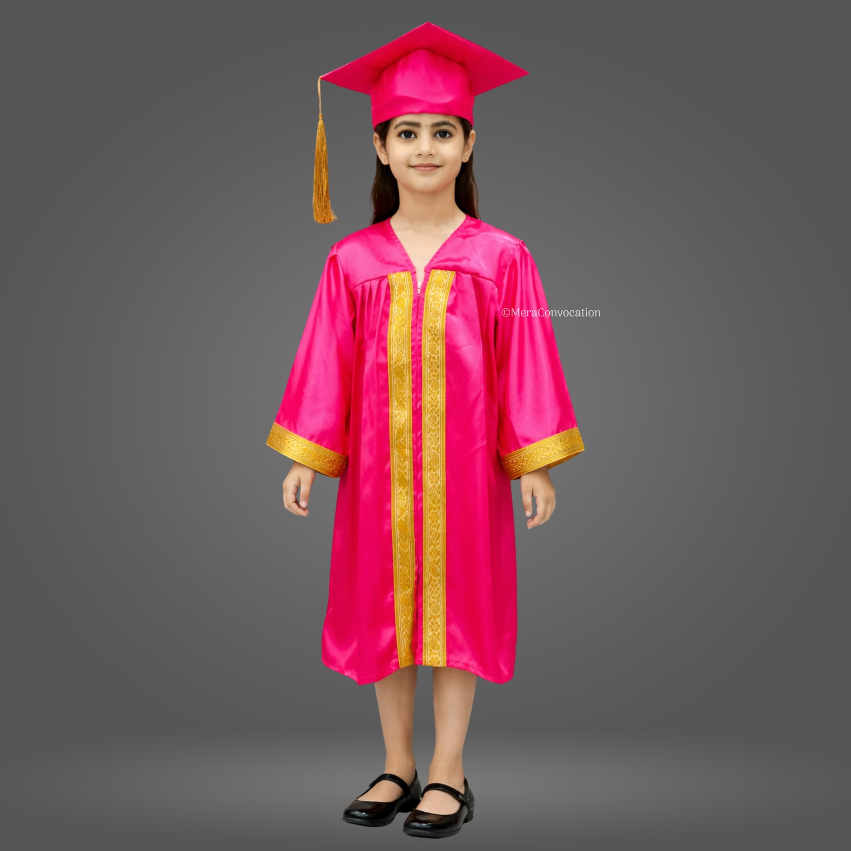 Girl - Pink Shiny Kids Graduation Gown with Golden Border and Cap ''Girl - Pink Shiny Kids Graduation Gown with Golden Border and Cap''>