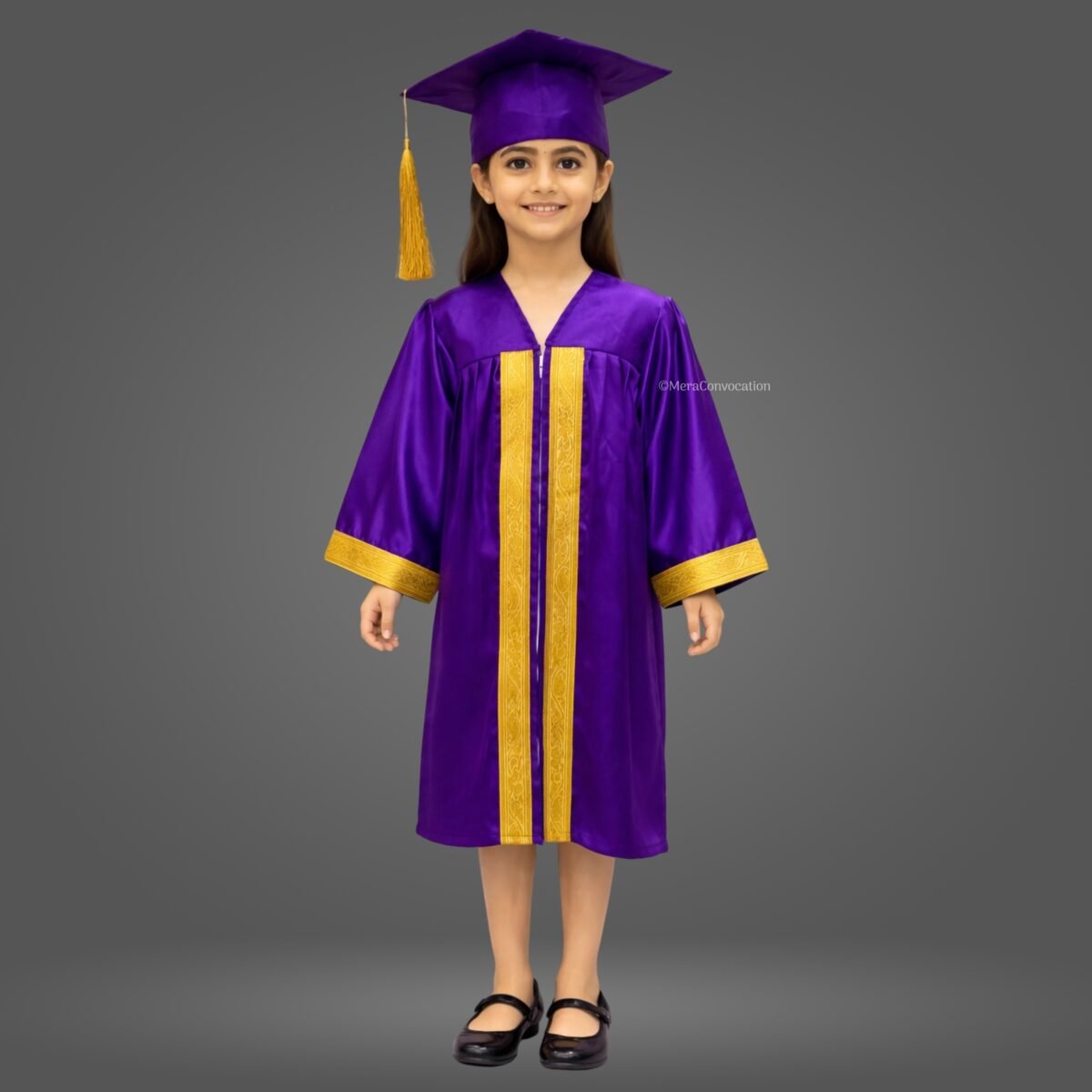 Purple Shiny Kids Graduation Gown with Golden Border and Cap – Mera ...