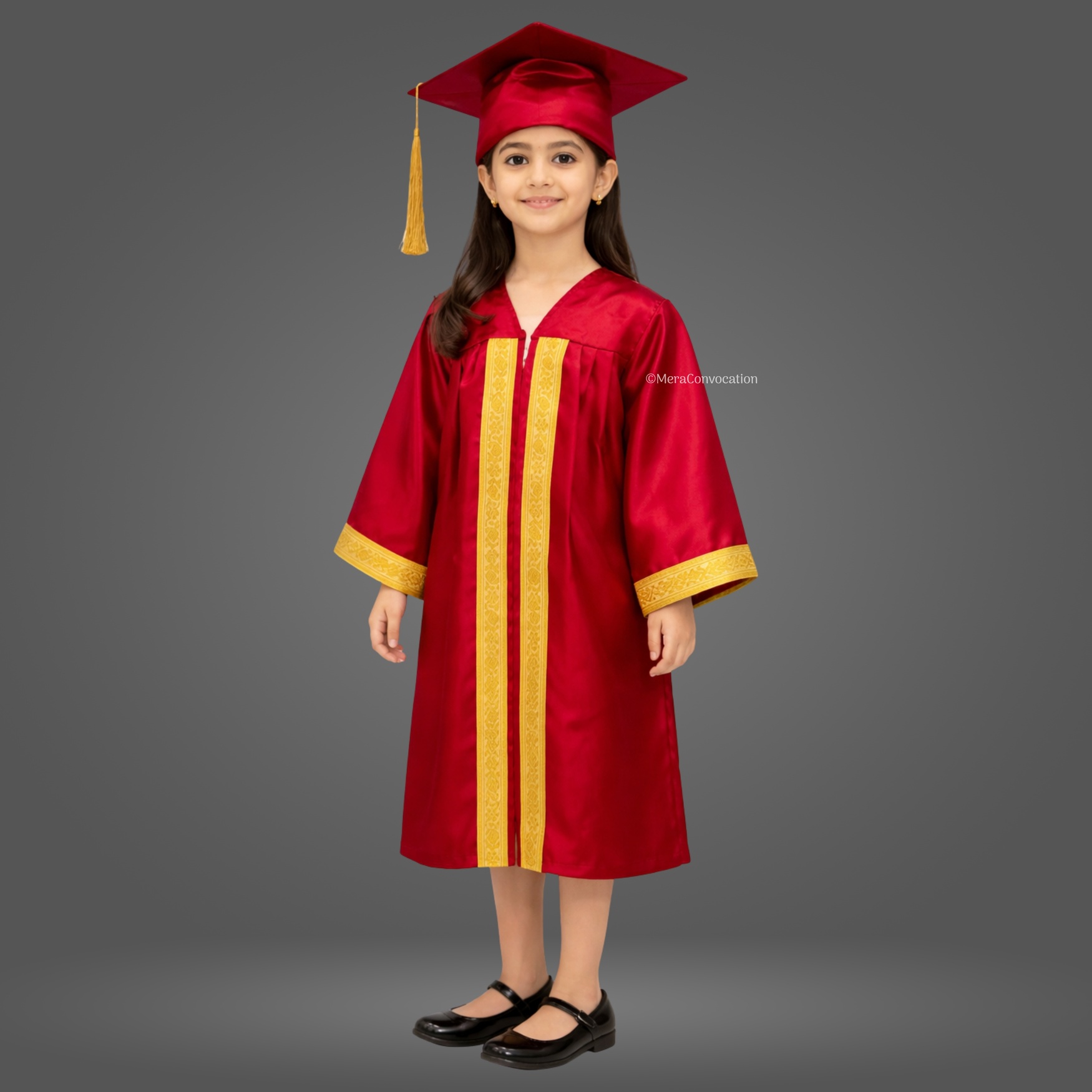 Girl - Red Shiny Kids Graduation Gown with Golden Border and Cap ''Girl - Red Shiny Kids Graduation Gown with Golden Border and Cap''>