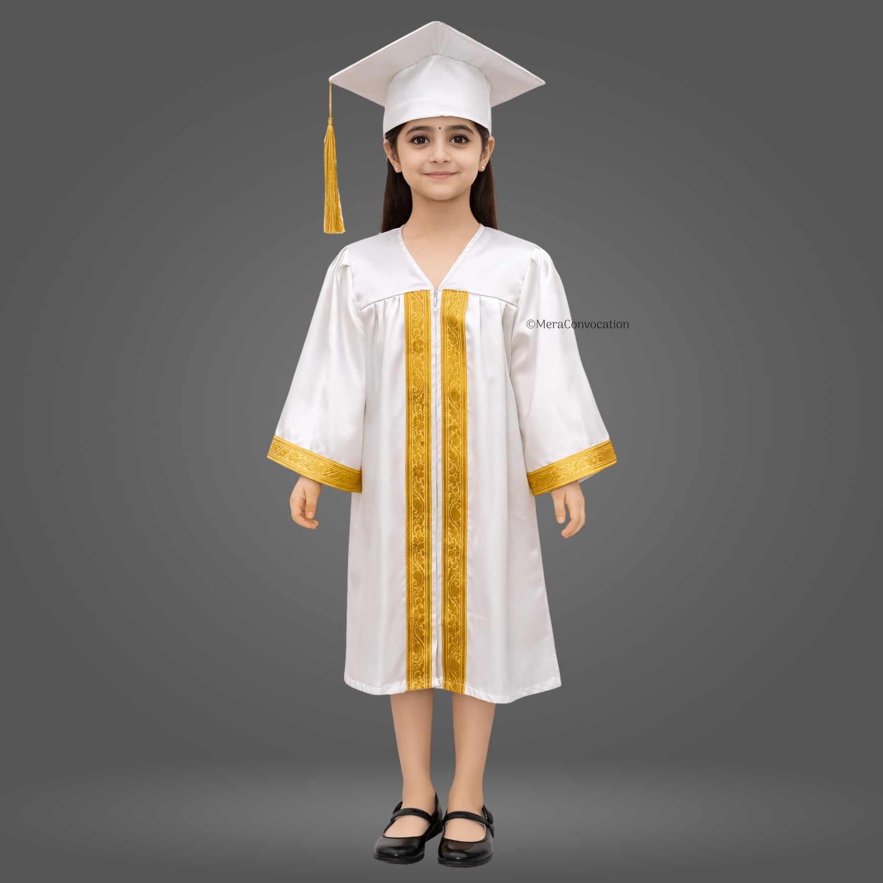 Girl - White Shiny Kids Graduation Gown with Golden Border and Cap ''Girl - White Shiny Kids Graduation Gown with Golden Border and Cap''>