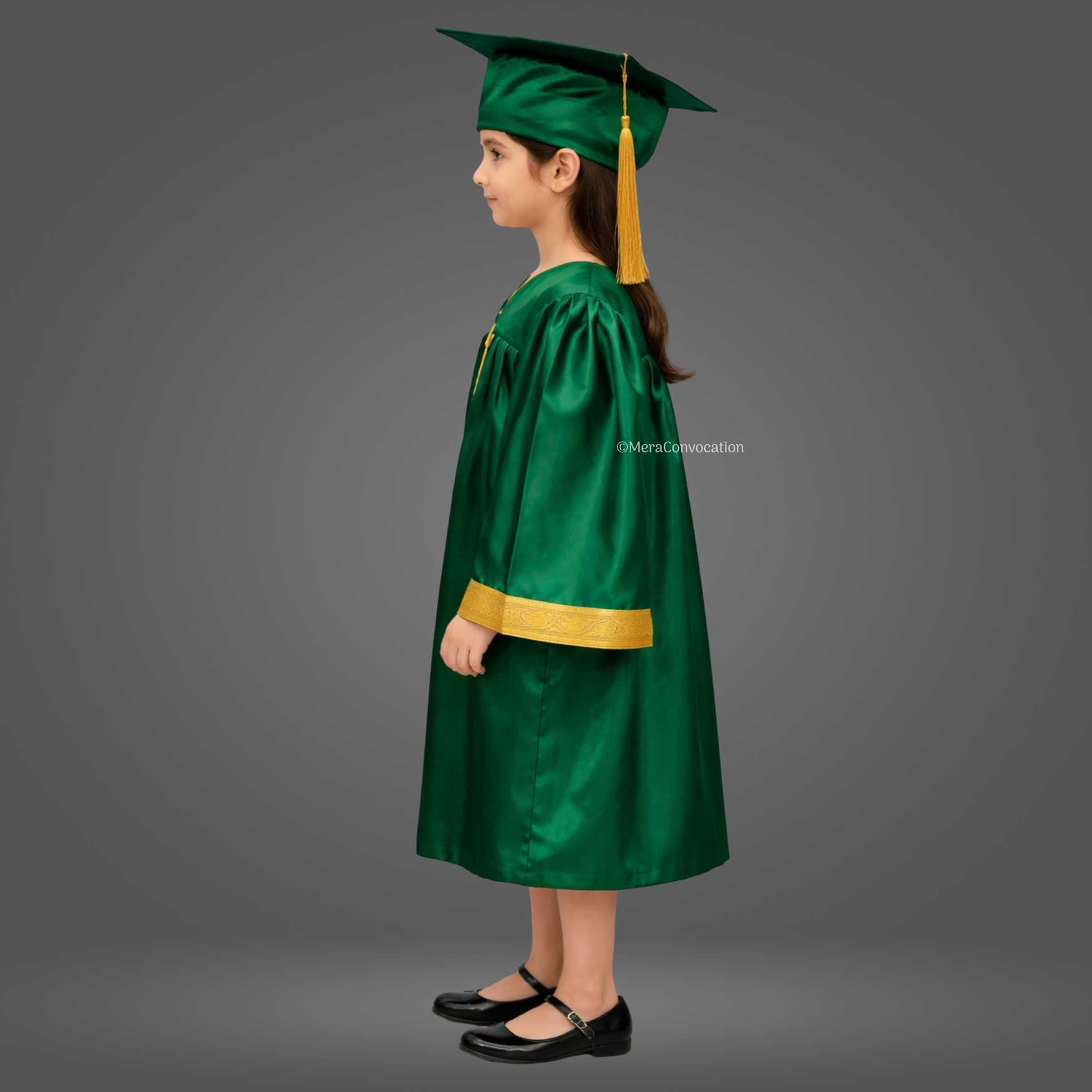 Left Sleeve of Bottle Green Shiny Kids Convocation Gown with Golden Border