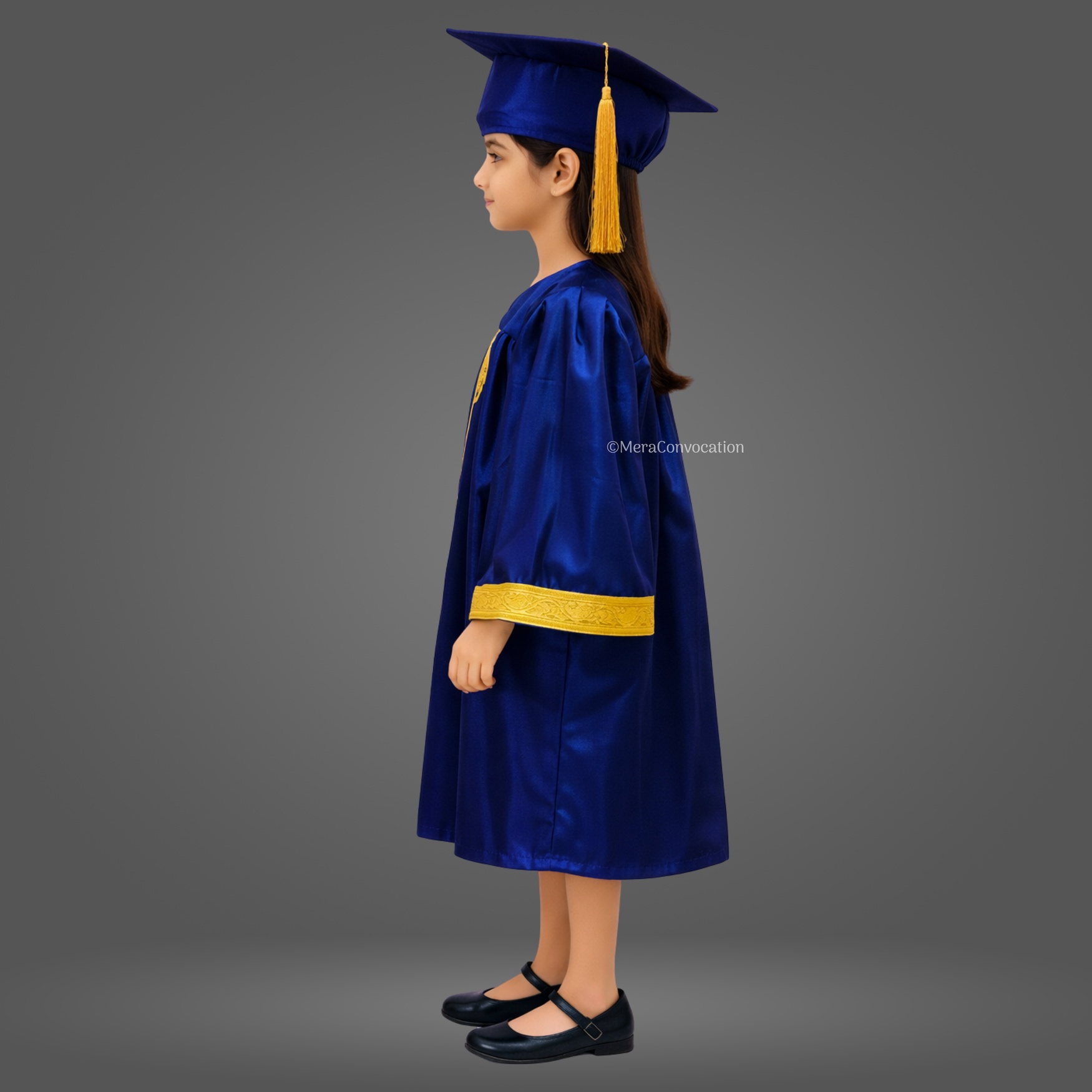 Left Sleeve of Navy Blue Shiny Kids Convocation Gown with Golden Border ''Left Sleeve of Navy Blue Shiny Kids Convocation Gown with Golden Border''>