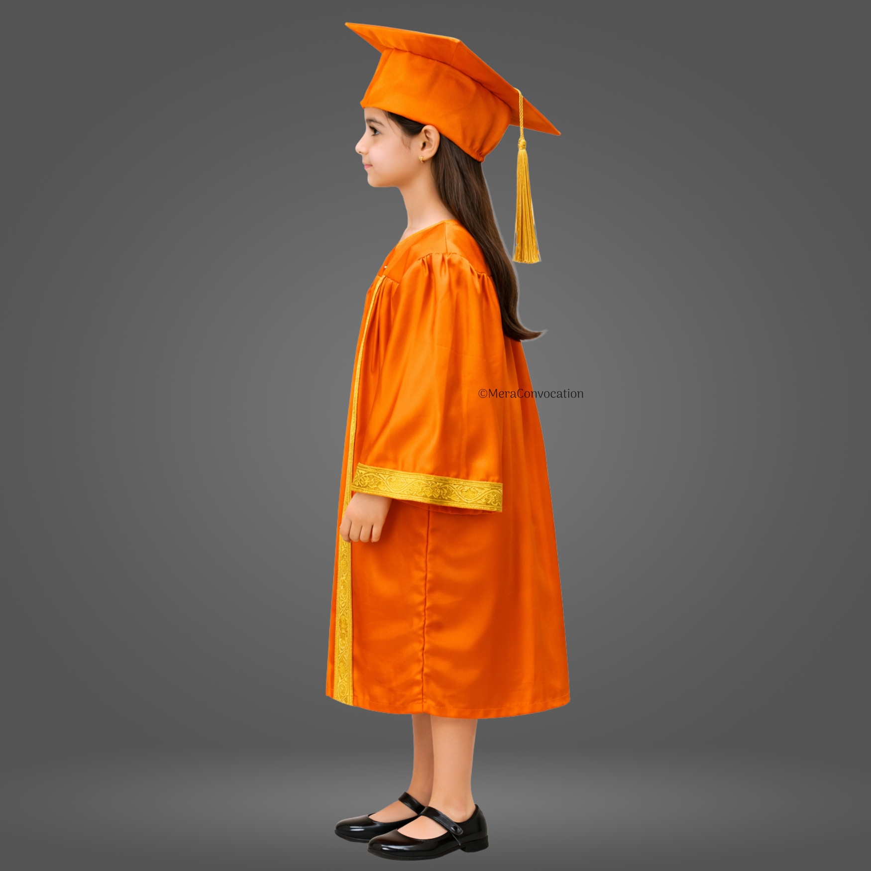 Left Sleeve of Orange Shiny Kids Convocation Gown with Golden Border ''Left Sleeve of Orange Shiny Kids Convocation Gown with Golden Border''>