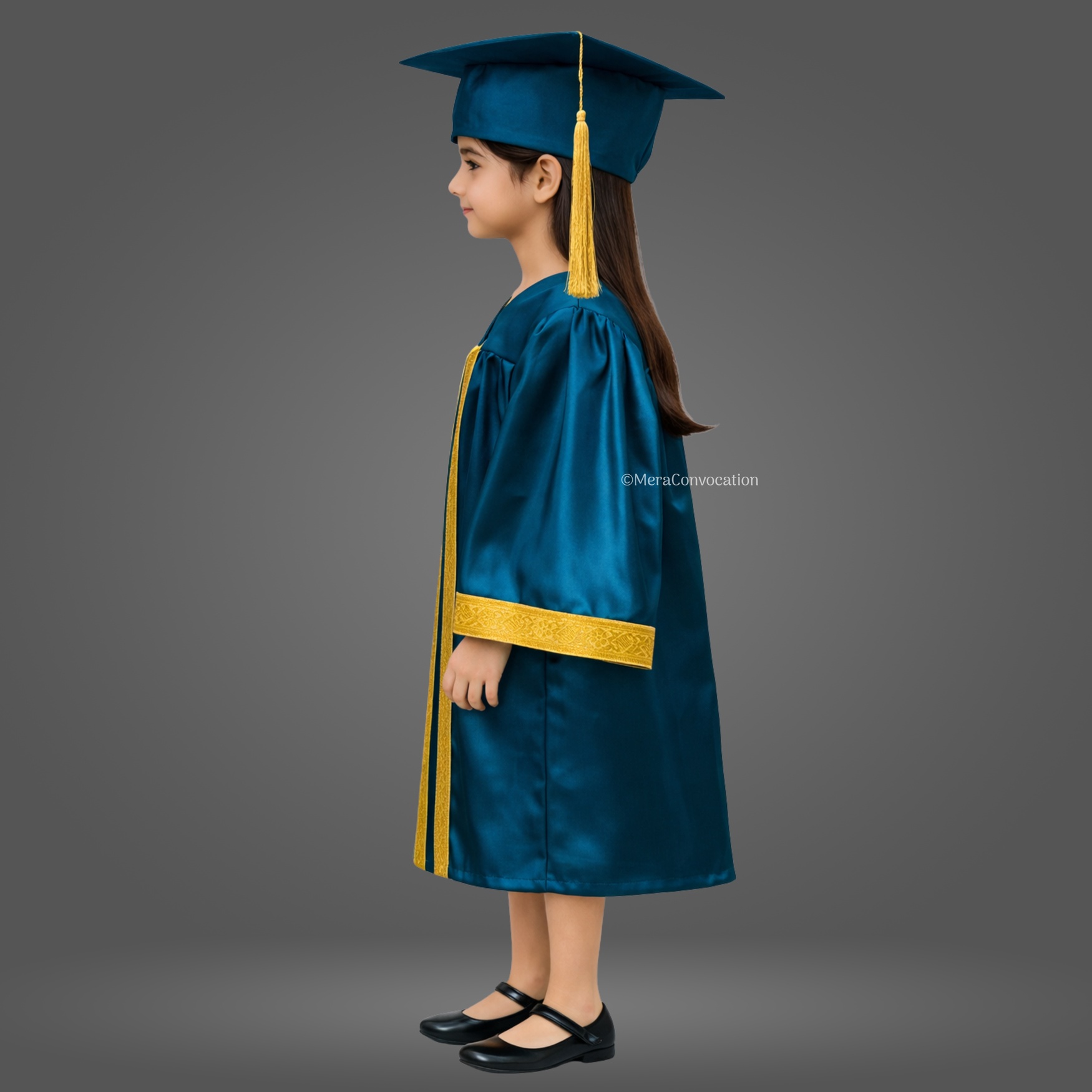 Left Sleeve of Peacock Green Shiny Kids Convocation Gown with Golden Border ''Left Sleeve of Peacock Green Shiny Kids Convocation Gown with Golden Border''>