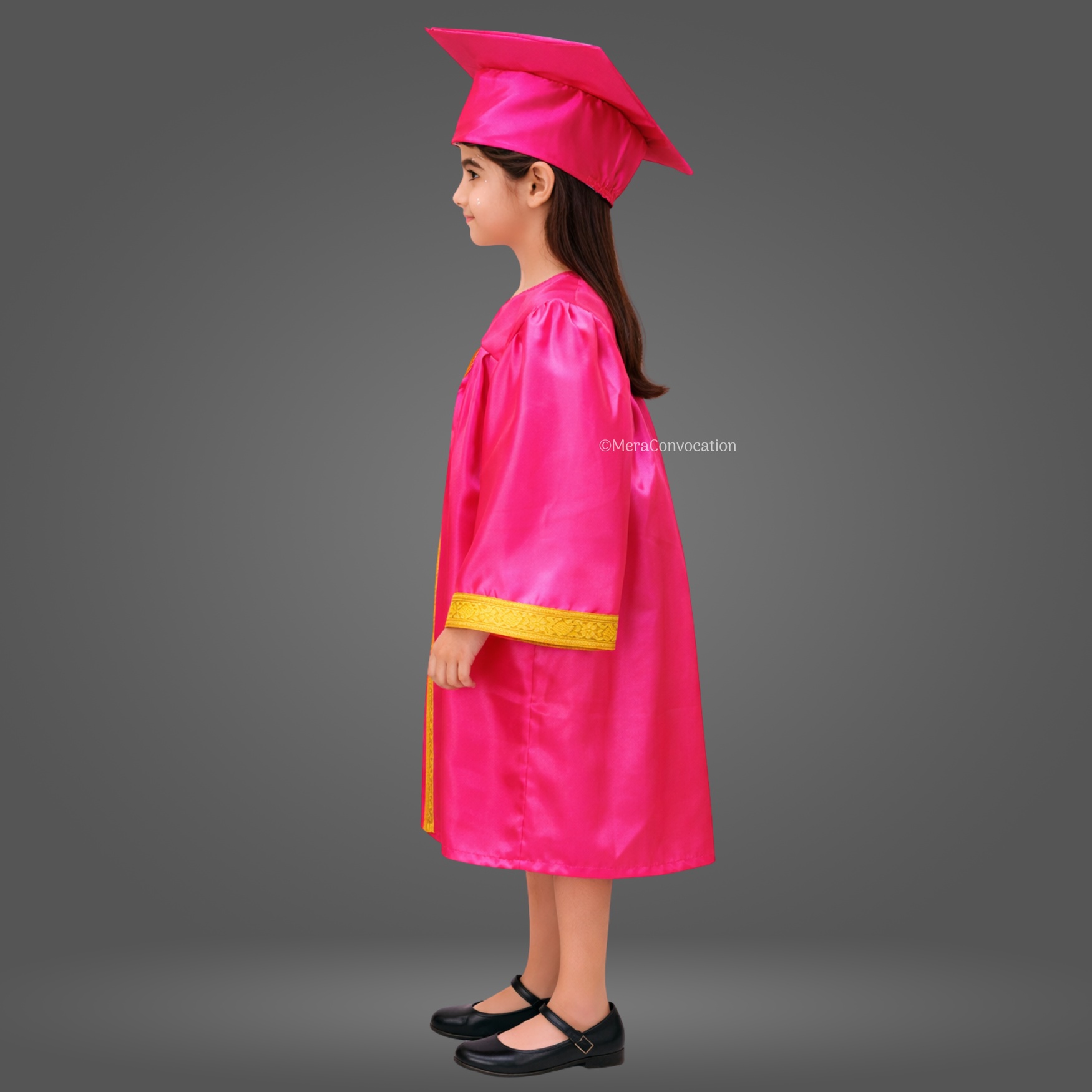 Left Sleeve of Pink Shiny Kids Convocation Gown with Golden Border ''Left Sleeve of Pink Shiny Kids Convocation Gown with Golden Border''>